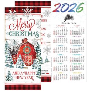 Positive Promotions 100 Merry Christmas/Happy New Year 2026 Red Foil-Stamped Greeting Card Calendars - One-Color Personalization Available