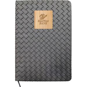 Positive Promotions 50 Woven Leatherette Books With Bamboo Plate Accent 8" - Laser-Engraved Personalization Available