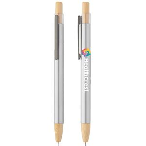 Positive Promotions 100 Silver Recycled Stainless-Steel Pens With Bamboo Accents - Full-Color Personalization Available