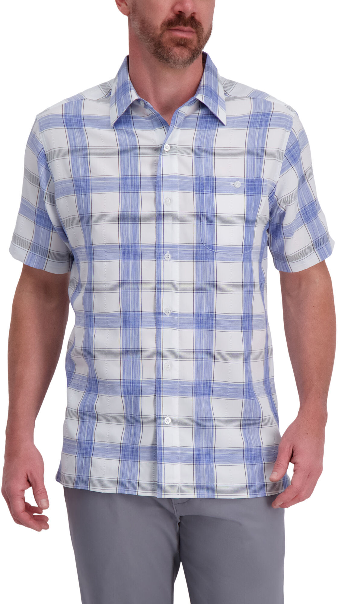 Haggar Exploded Plaid Microfiber Shirt Blue Tattoo M