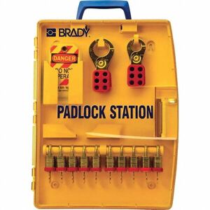 Brady Equipped Thermoformed Polypropylene Padlock Station - 10 Padlocks Max, 13-1/4" Wide x 17" High x 2-1/2" Deep, Yellow   Part #105931