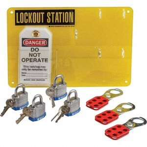 Brady Equipped Lockout Device Station - 4 Padlocks Max, Black on Yellow   Part #65764