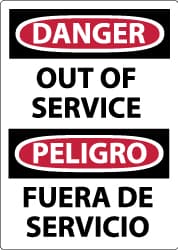 NMC AccuformNMC Accident Prevention Sign: Rectangle, "Danger, OUT OF SERVICE FUERA DE SERVICIO" - Aluminum, Wall Mount, 14" High, 10" Wide