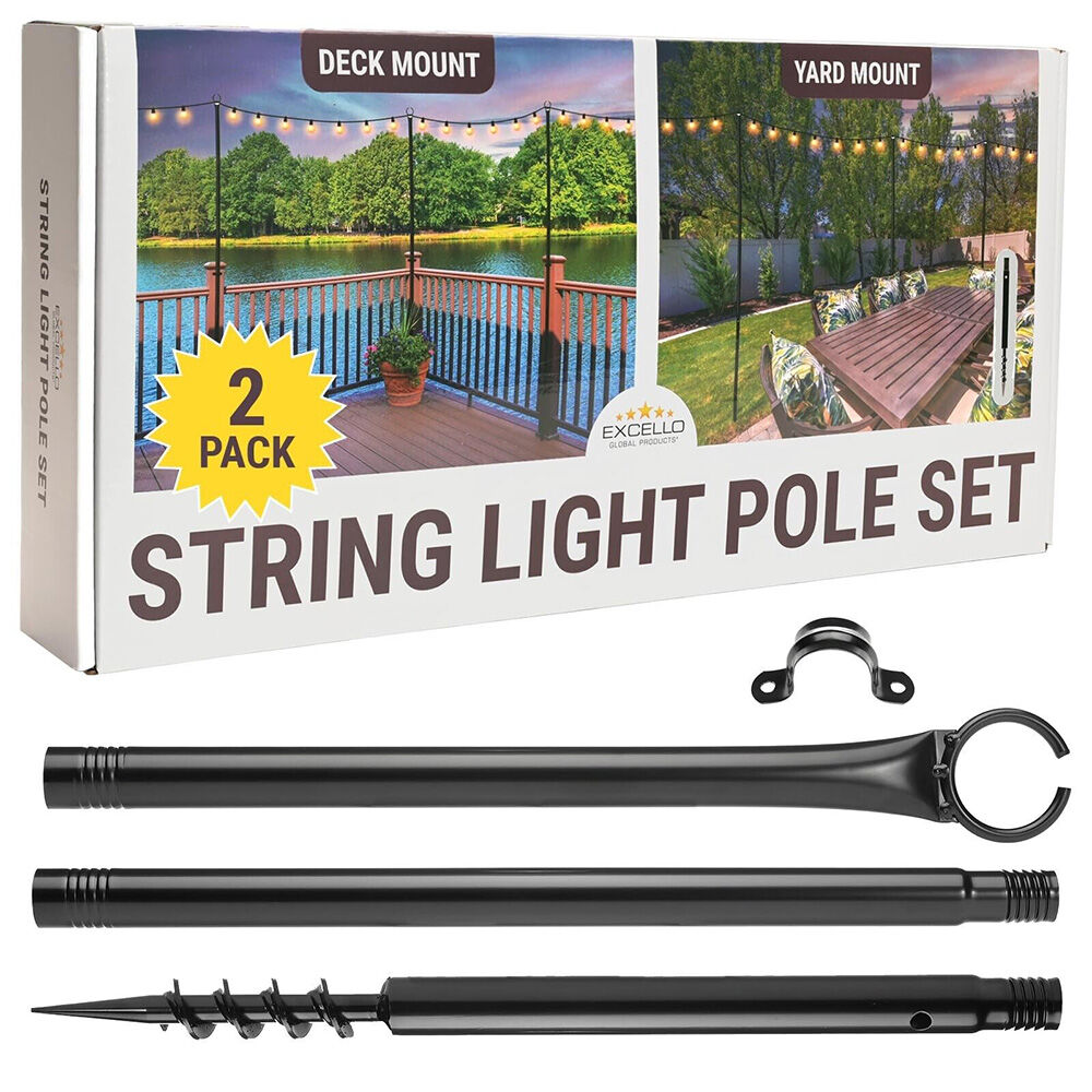 Excello Global Products Excello Global Bistro String Light Poles - 2 Pack - Extends to 10 in Black
