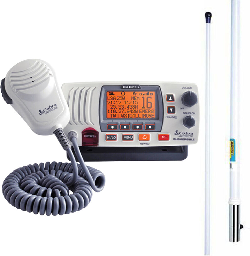 Overtons Cobra Marine MR F77 GPS Class-D Fixed-Mount VHF Radio with GPS Receiver and 8' Antenna, White