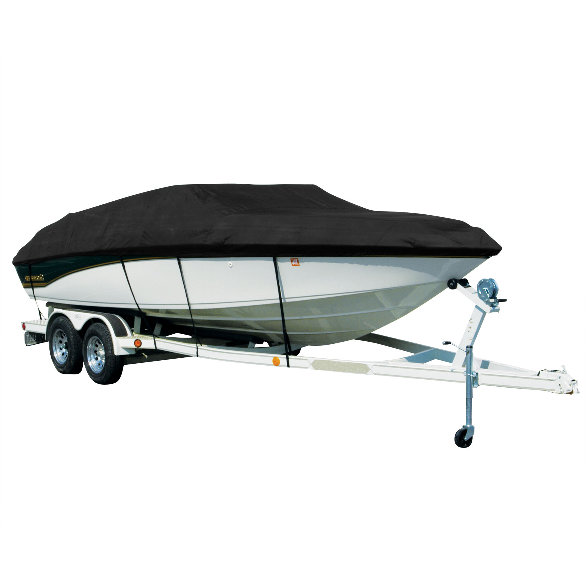 Covermate Exact Fit Sharkskin Boat Cover For Tahoe 550 Ts w/ Bimin Laid Aft On Storage Strut Over Motor in Black