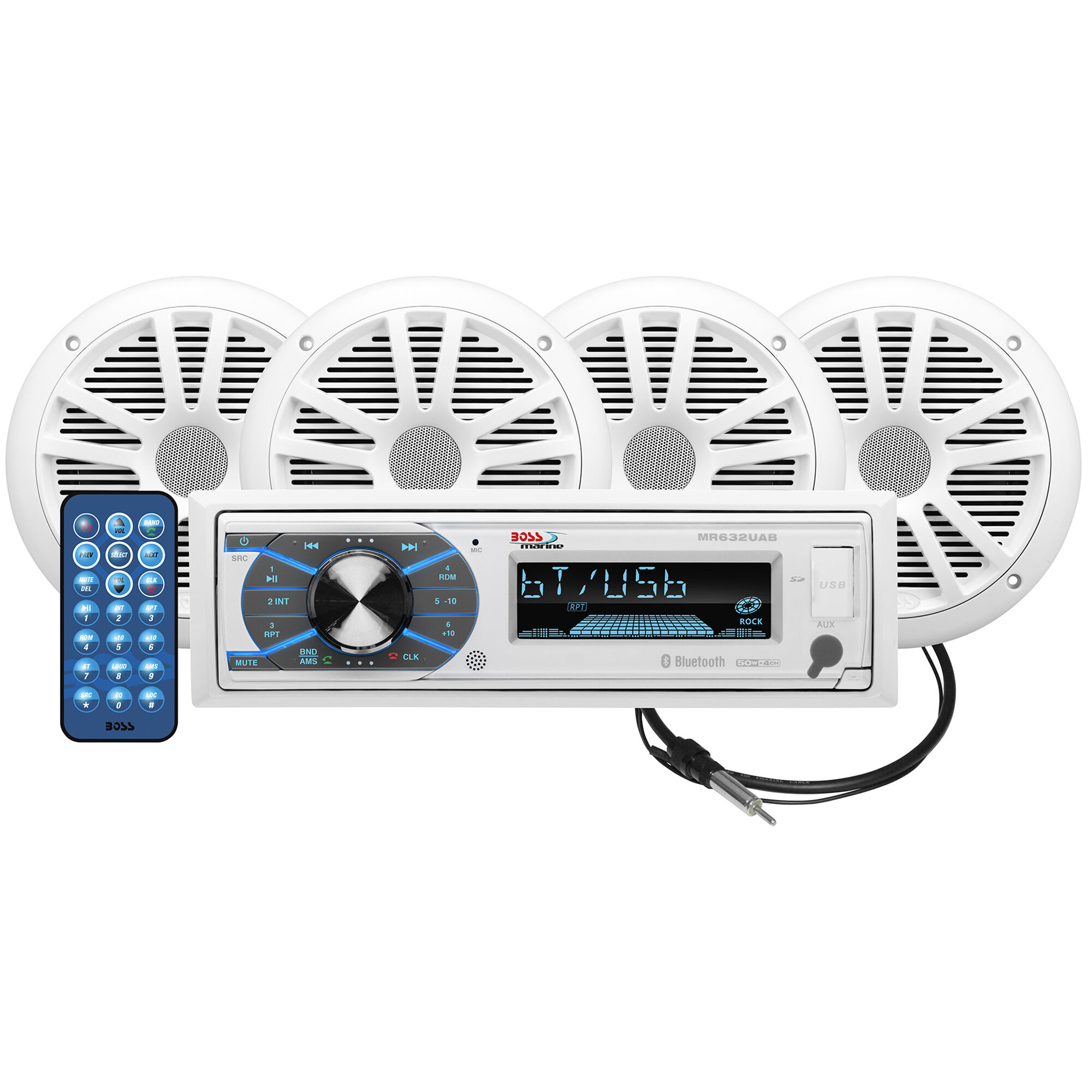 Boss MCK632WB. 64 AM/FM/MP3/USB Bluetooth Receiver Package w/ Four 6. 5" Speakers