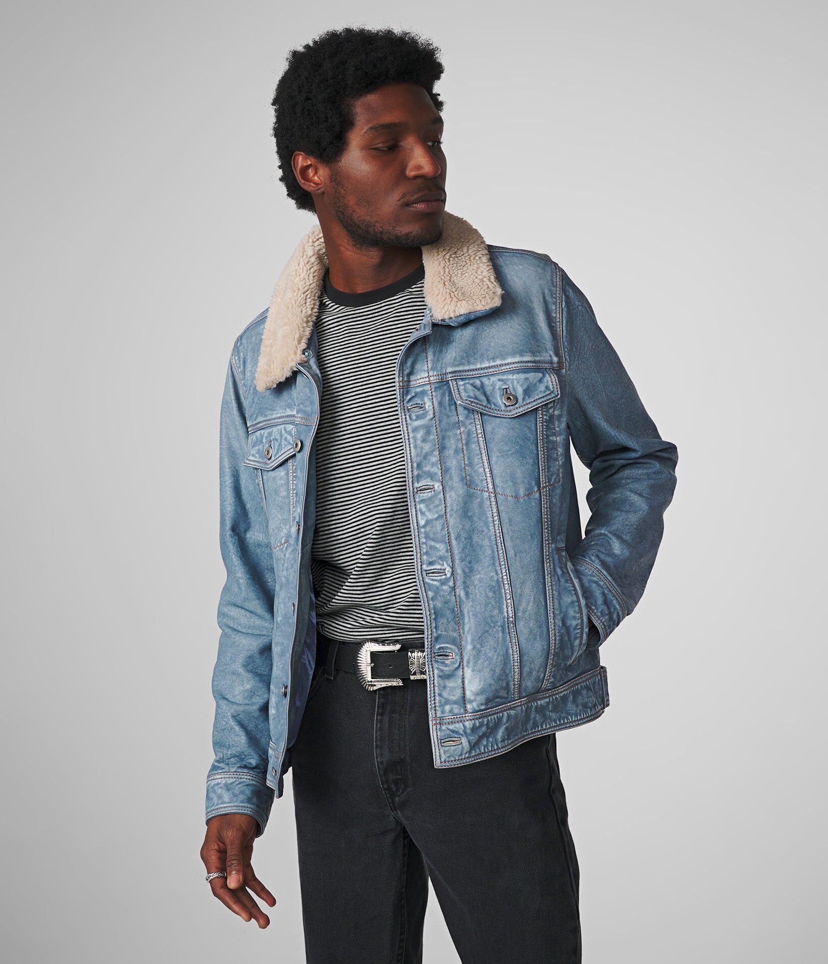 Wilsons Leather   Men's Luxton Denim Leather Jacket With Shearling   Light Blue   Large