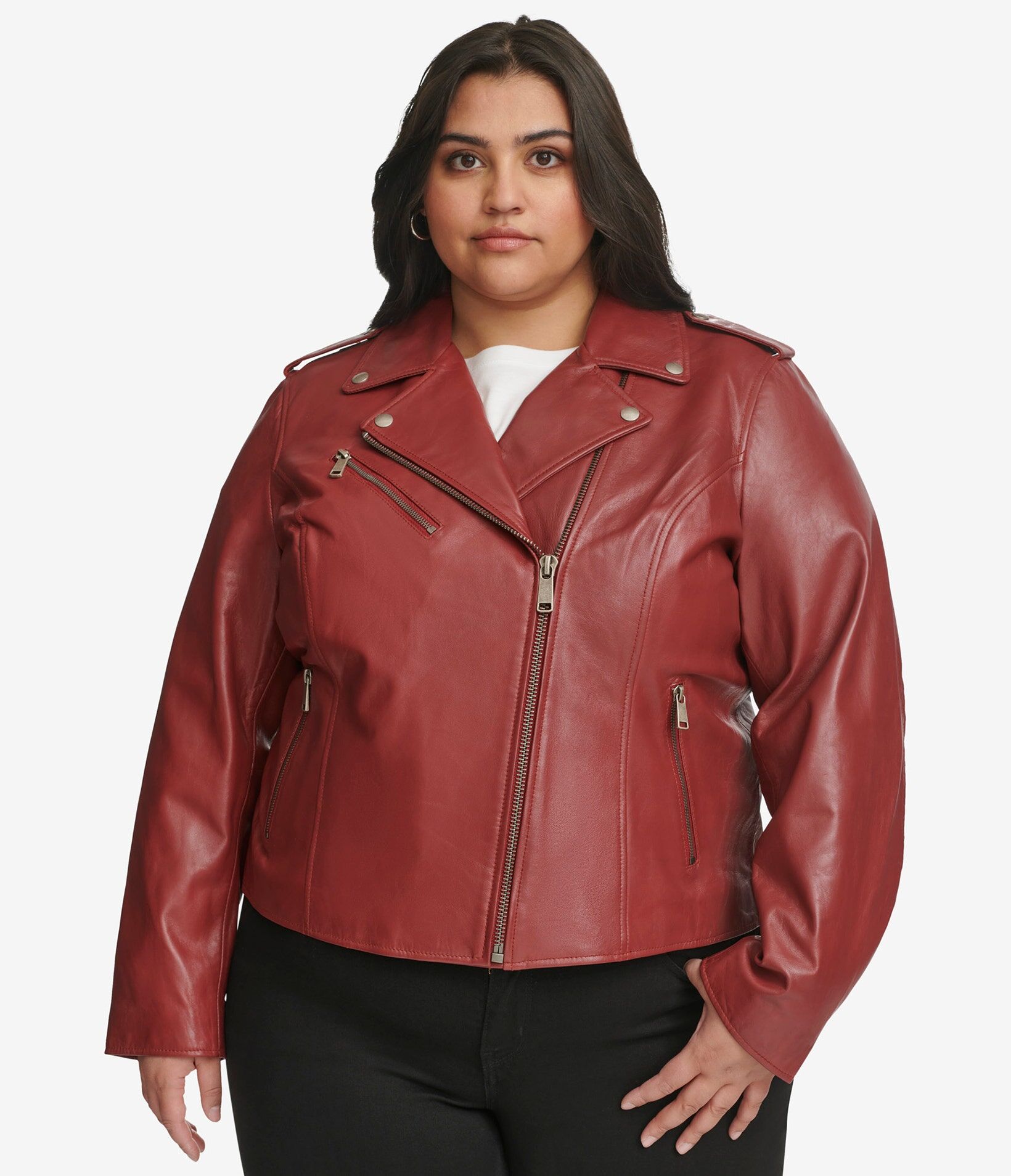 Wilsons Leather   Women's Plus Size Madeline Asymmetrical Leather Jacket   Red   2X