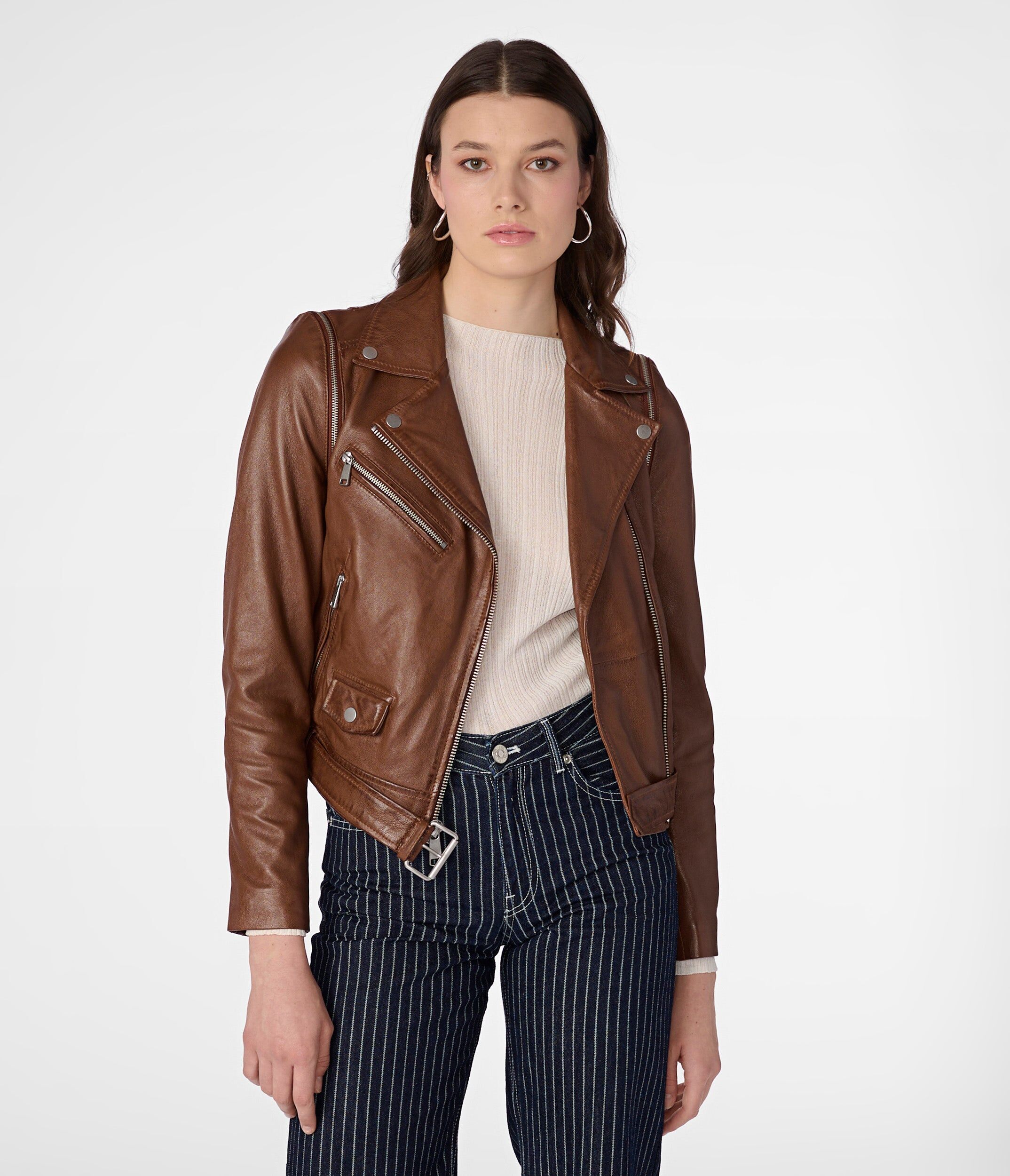 Wilsons Leather   Women's Camila Covertible 2 in 1 Vest Moto Jacket   Cognac   Medium