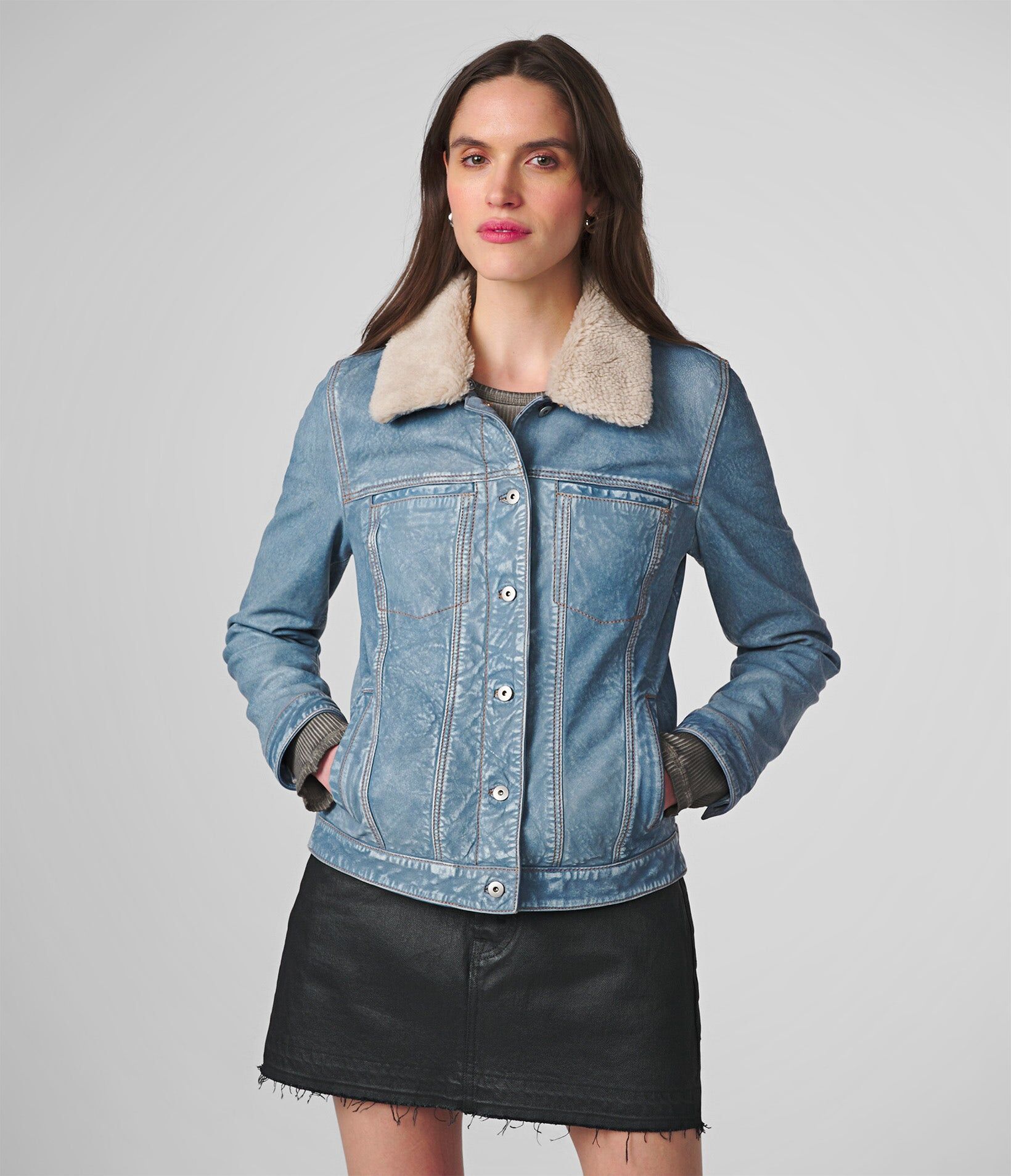 Wilsons Leather   Women's Harley Denim Leather Jacket With Shearling Collar   Light Blue   Small