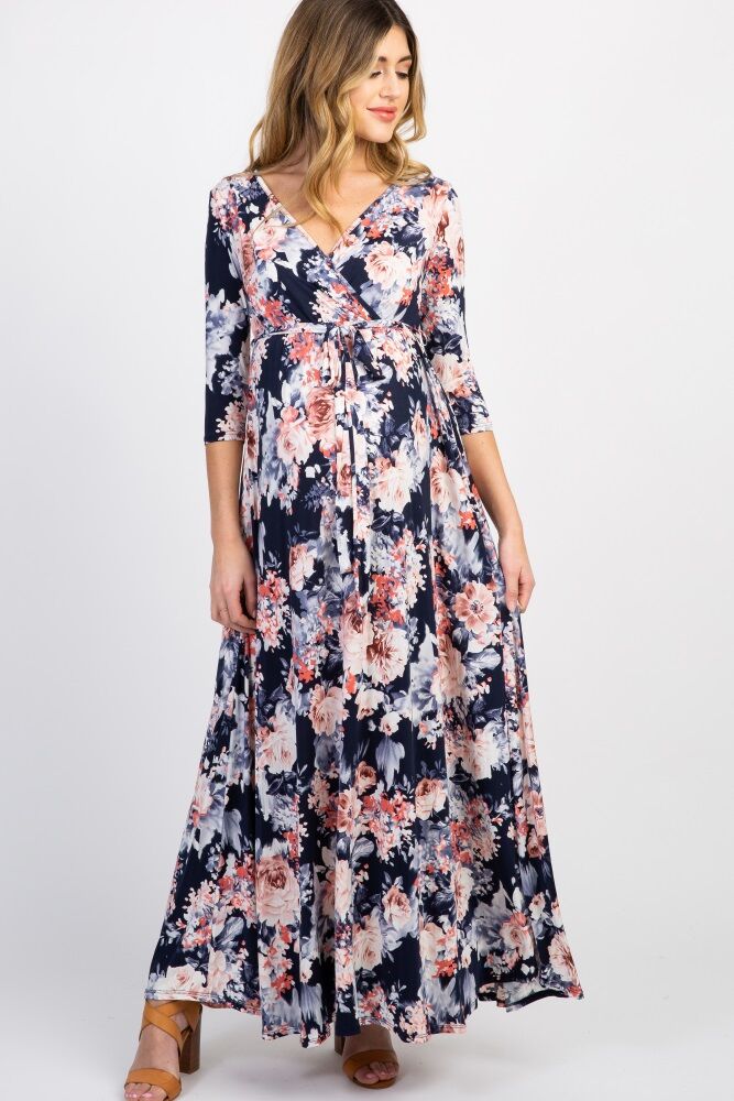 PinkBlush Navy Floral Maternity/Nursing Wrap Dress - Medium- Female