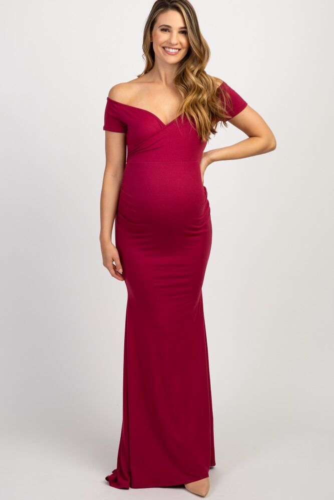 PinkBlush Burgundy Off Shoulder Wrap Maternity Photoshoot Gown/Dress - Large- Female