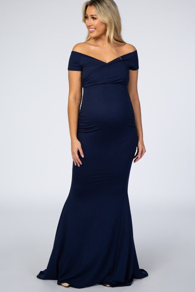 PinkBlush Navy Off Shoulder Wrap Maternity Photoshoot Gown/Dress - Large- Female