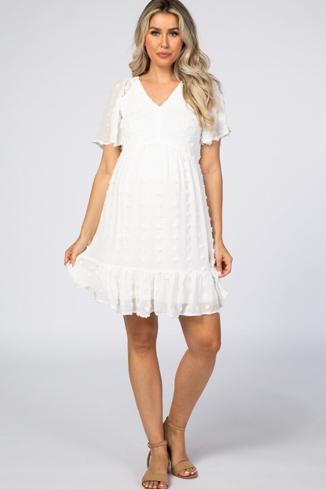 PinkBlush White Swiss Dot Smocked Maternity Dress - Medium- Female