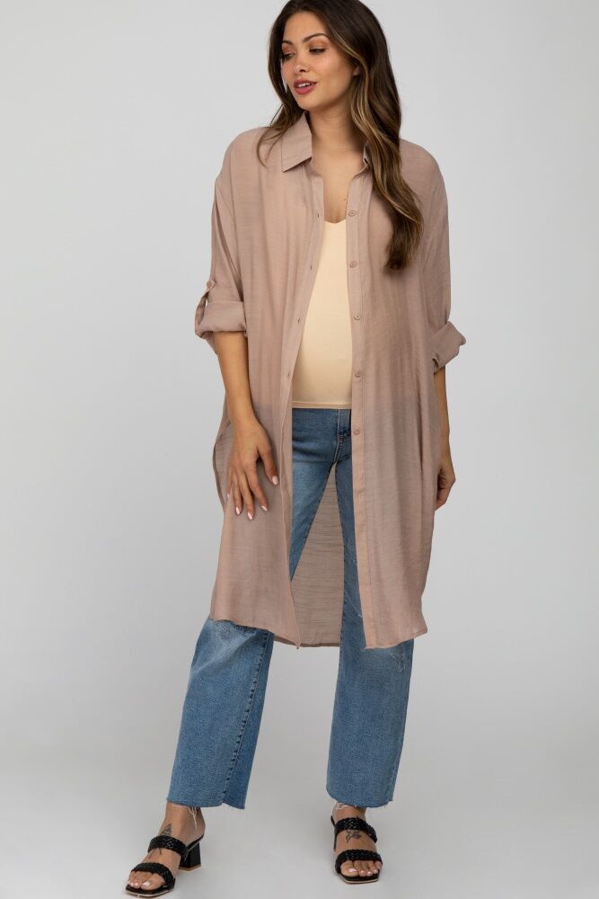 PinkBlush Taupe Button Front Side Slit Oversized Maternity Blouse - Small/Medium- Female