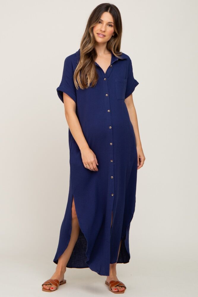 PinkBlush Navy Button Down Maternity Midi Dress - Medium- Female