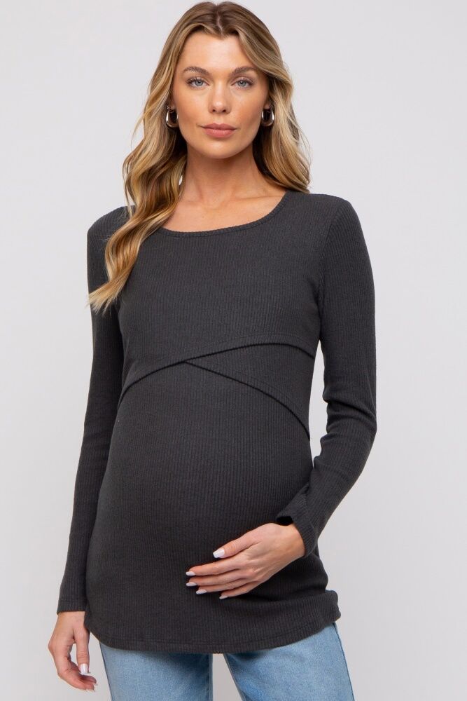 PinkBlush Charcoal Ribbed Crossover Maternity/Nursing Top - Medium- Female