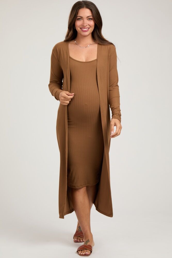 PinkBlush Camel Ribbed Cardigan 2 Piece Maternity Set - Medium- Female