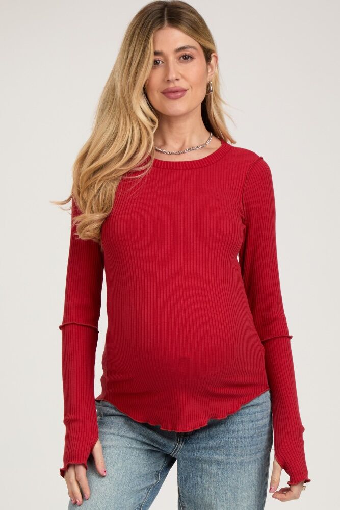 PinkBlush Red Ribbed Maternity Long Sleeve Top - Medium- Female