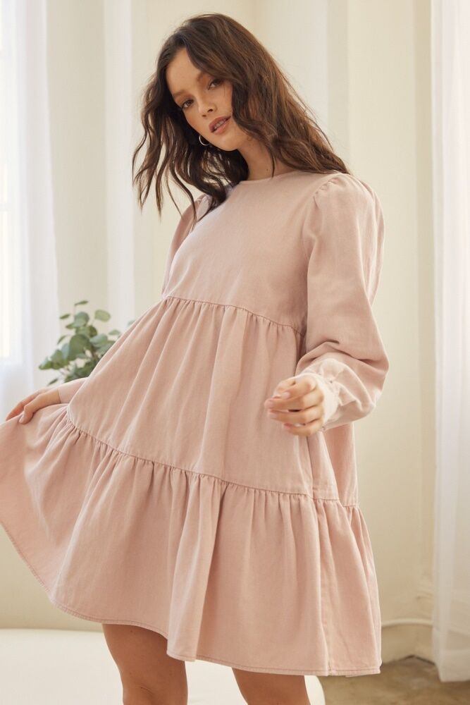 PinkBlush Dusty Pink Cotton Twill Baby Doll Ruffle Back Tie Dress - Small- Female