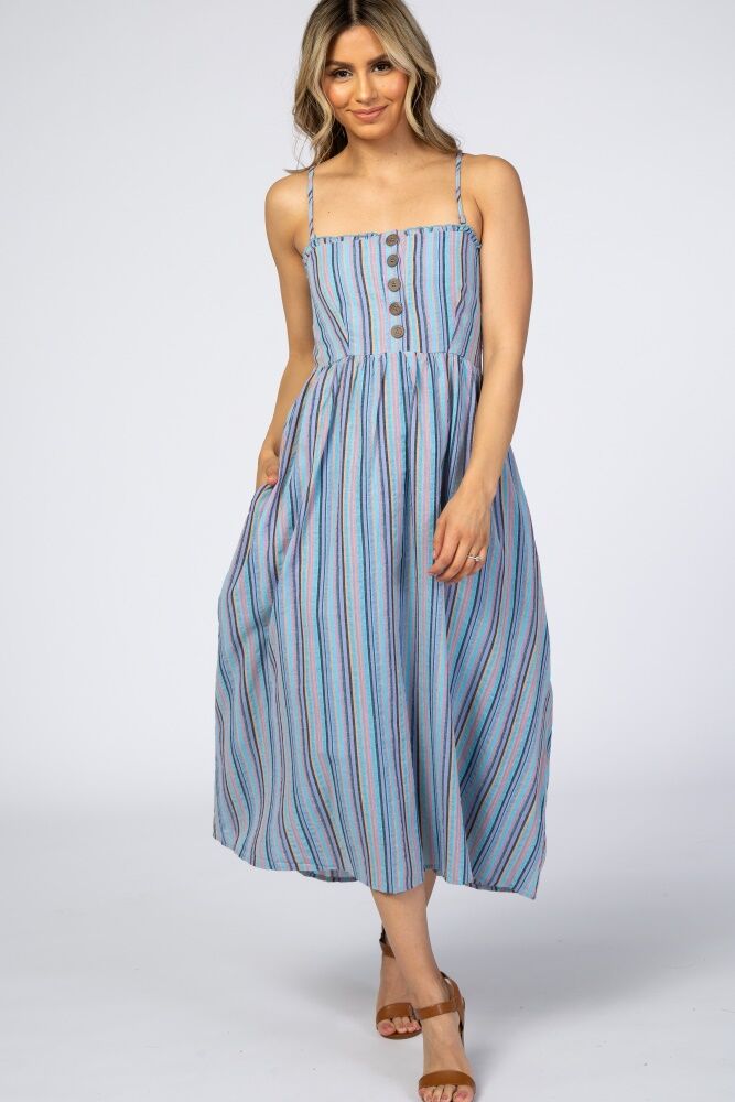 PinkBlush Blue Purple Striped Button Front Midi Dress - Small- Female