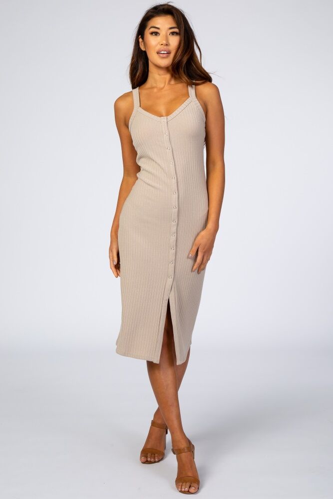 PinkBlush Beige Ribbed Snap Button Front Fitted Midi Dress - Small- Female