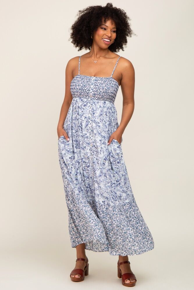 PinkBlush Blue Floral Paisley Smocked Button Front Maxi Dress - Small- Female