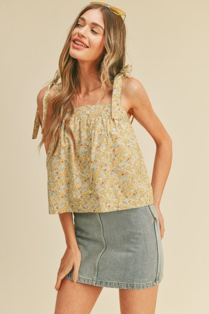 PinkBlush Golden Yellow Floral Floral Button Down Tie Strap Tank - Small- Female