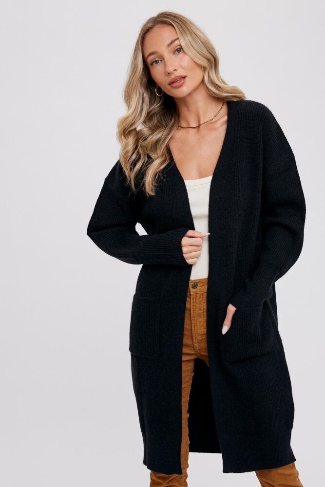 PinkBlush Black Chunky Knit Long Sweater Cardigan - Medium/Large- Female