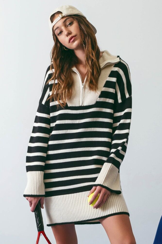 PinkBlush Black Striped Zipper Front Collared Sweater Dress - Small- Female