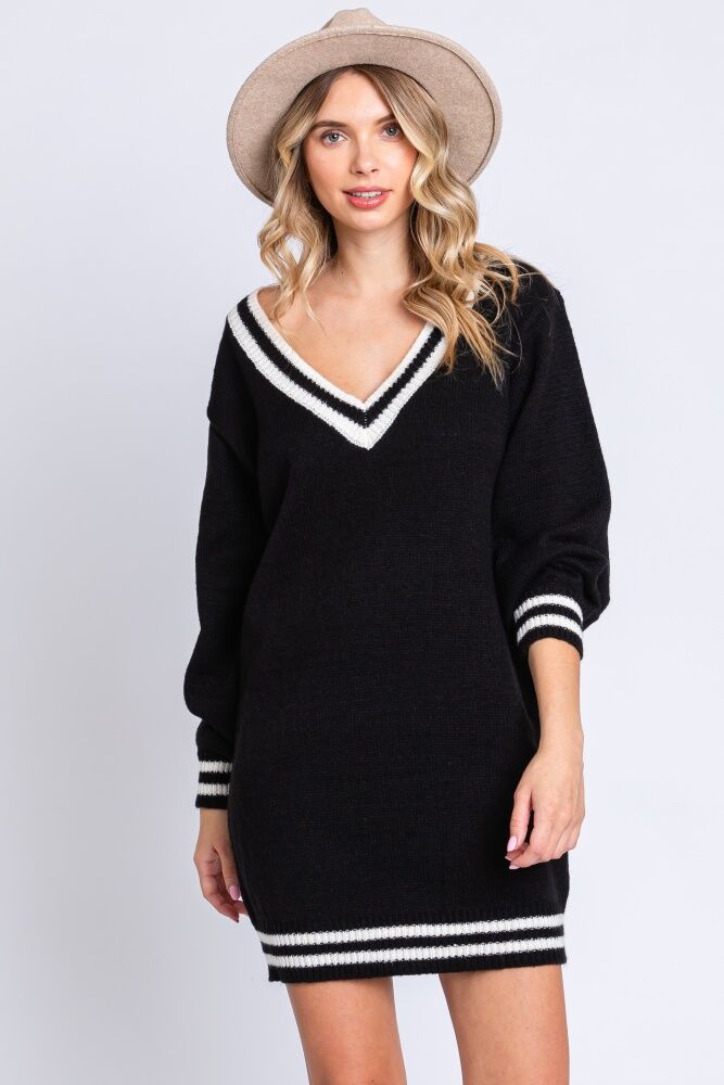PinkBlush Black Oversized Varsity Striped V-Neck Sweater Dress - Large- Female