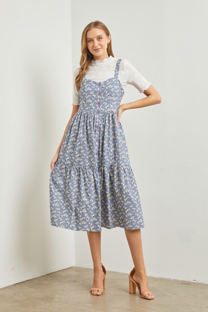 PinkBlush Blue Floral Sweetheart Neck Button Front Ruffle Midi Dress - Small- Female