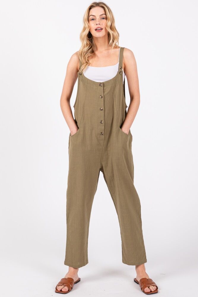 PinkBlush Olive Button Down Cropped Jumpsuit - Small- Female