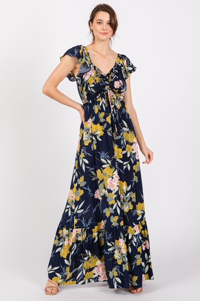 PinkBlush Navy Floral Smocked Cinched Top Maxi Dress - Large- Female