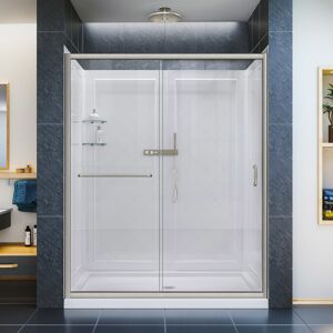 DreamLine DL-6118C-CL Infinity-Z 76-3/4" High x 60" Wide Sliding Framed Shower Door with Clear Glass and 34" Deep x 60" Wide Shower Base with Center