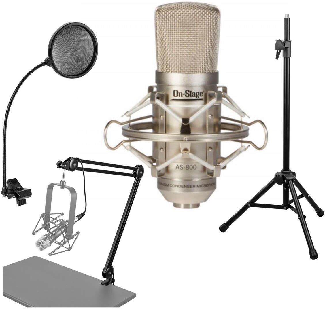 On-Stage AS800 FET Condenser Microphone W/H&amp;A Mic Stand/Broadcast Arm/Pop Filter