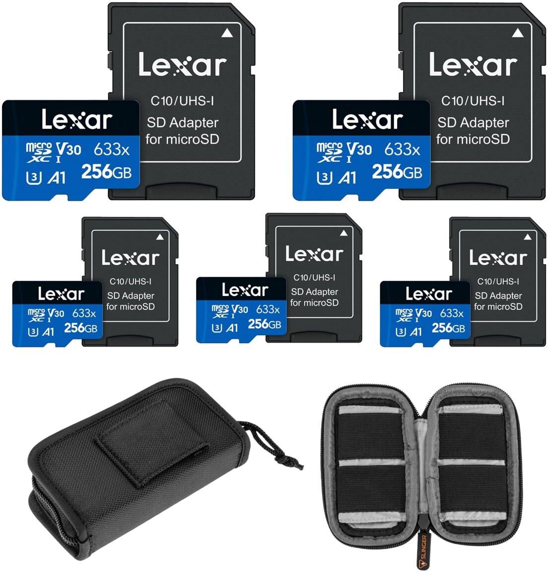 Lexar BLUE 256GB UHS-I microSDHC Memory Card w/SD Adapter, 5-PACK + Card Wallet