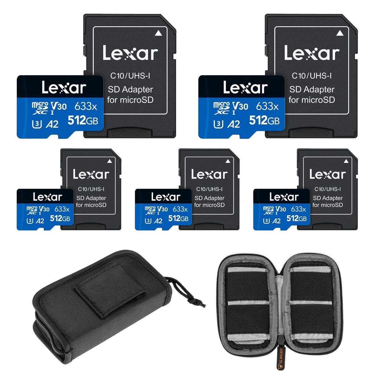 Lexar BLUE 512GB UHS-I microSDHC Memory Card w/SD Adapter, 5-PACK + Card Wallet