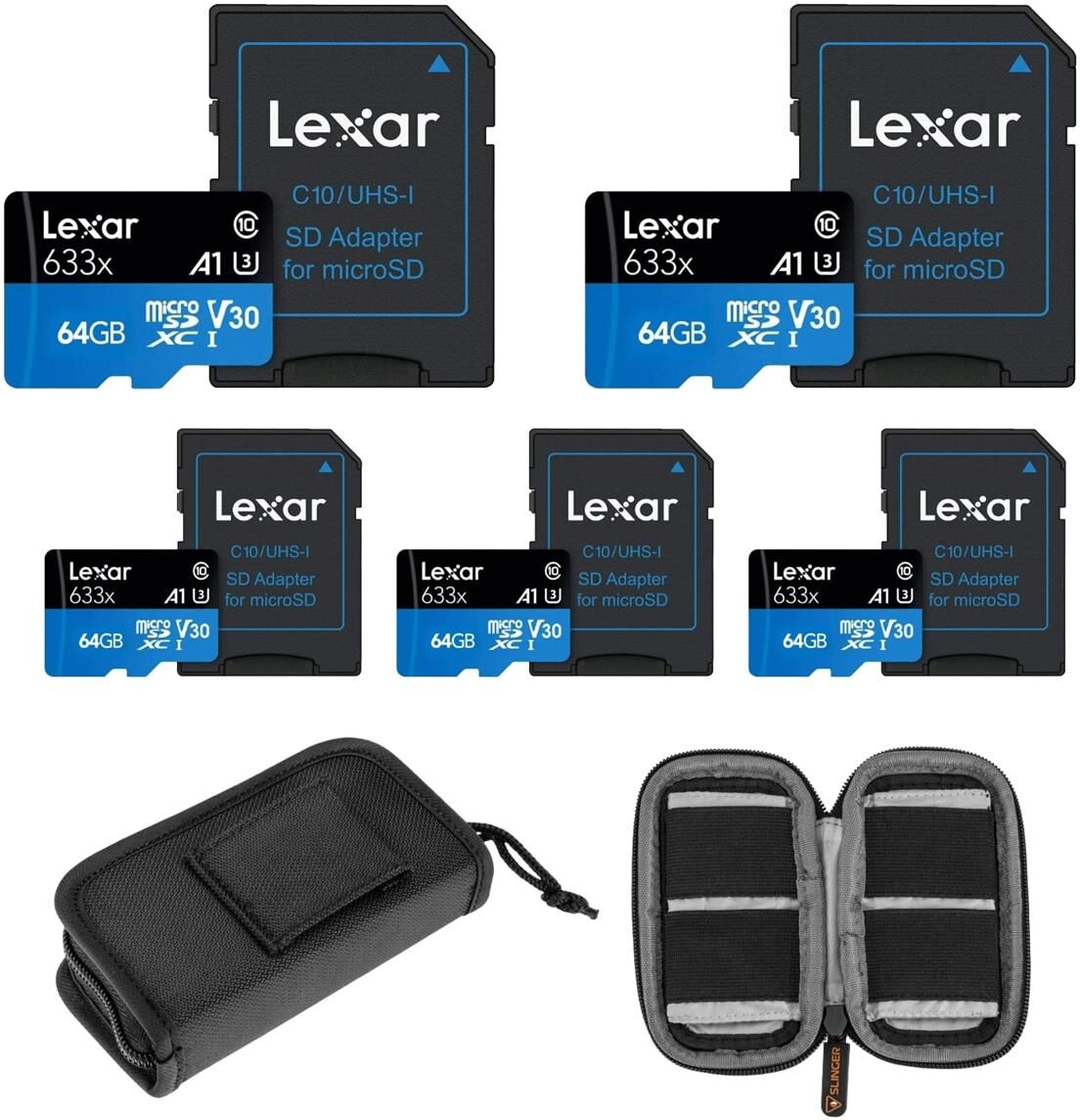 Lexar BLUE 64GB UHS-I microSDHC Memory Card w/SD Adapter 5-PACK + SD Card Wallet