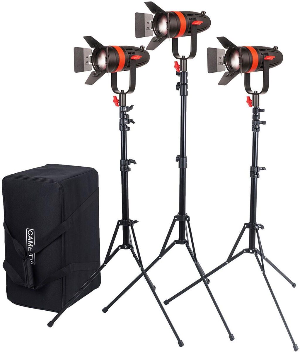 Came-TV Boltzen 55W Fresnel Focusable Daylight LED 3-Light Kit, 3x Stands &amp; Bag