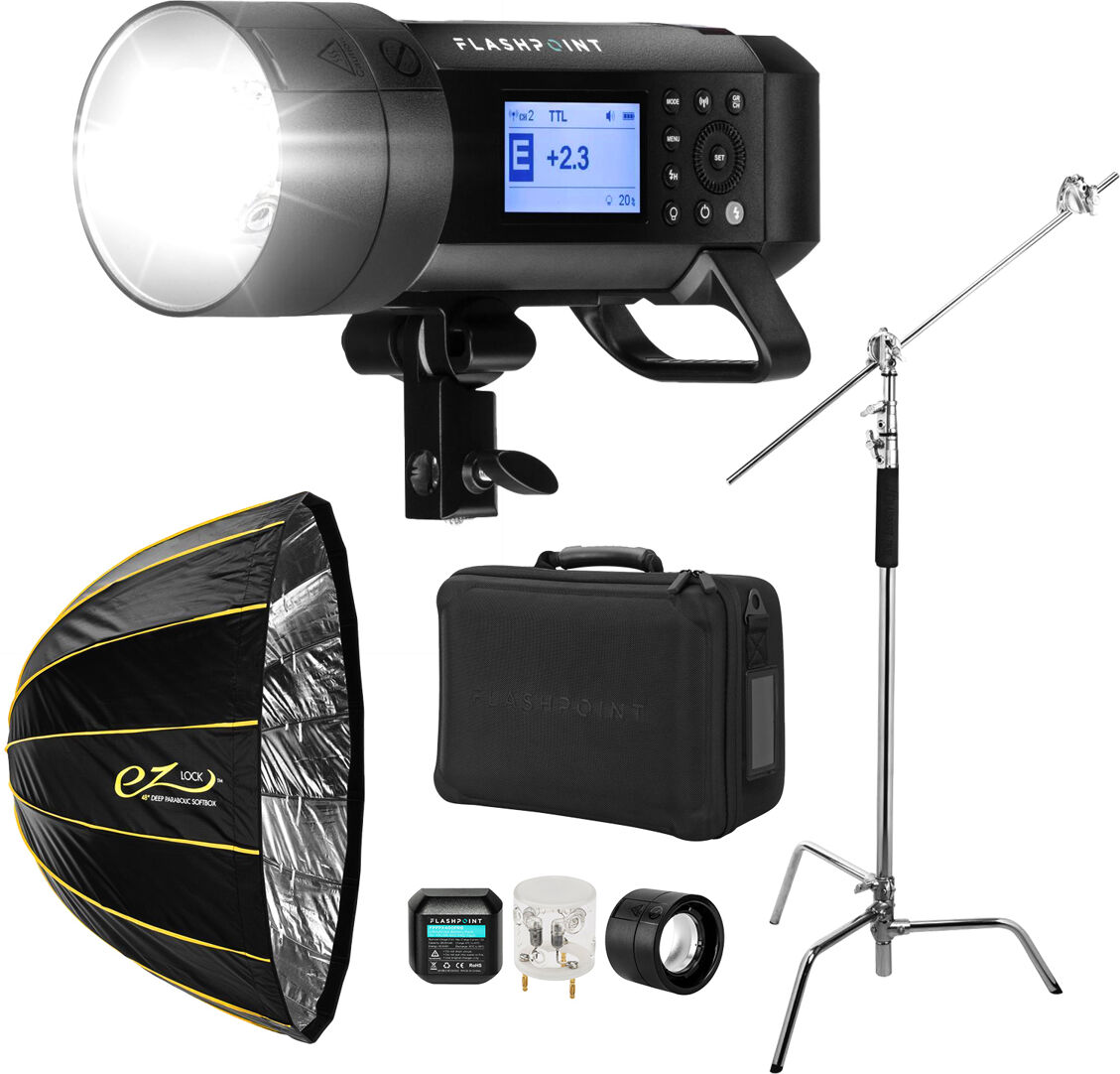 Flashpoint XPLOR 400 + 10' C (Century) Light Stand + EZ Lock Deep Parabolic 48&quot;