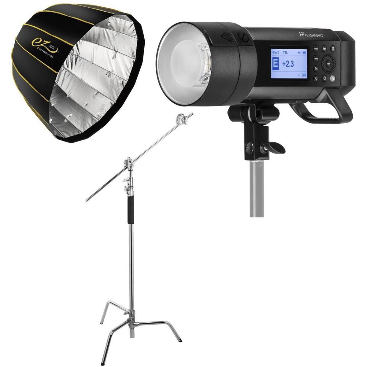 Flashpoint XPLOR 600 PRO TTL + Parabolic Quick Softbox (28&quot;) + C Stand