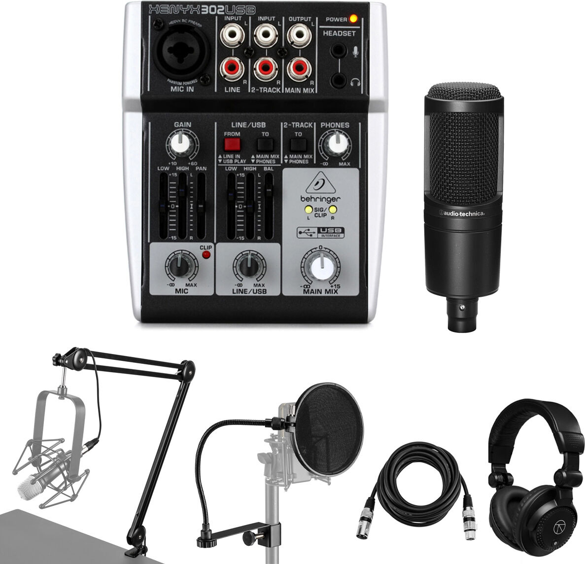 Behringer XENYX 302USB Premium 5-Input Mixer, w/AT2020 Mic &amp; TAPH100 Headphones