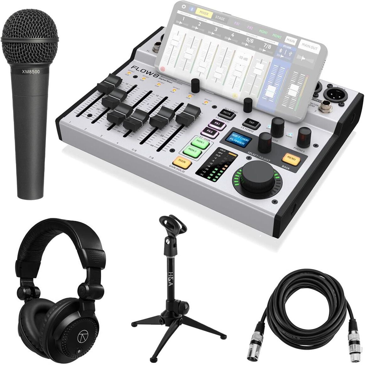 Behringer FLOW 8 8-Input Digital USB Audio Mixer w/Mic, Headphones, Stand, Cable