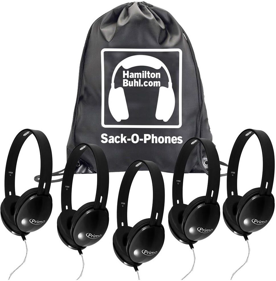 Hamilton Buhl HamiltonBuhl Sack-O-Phones - 5x Primo Stereo Headphones, One Carry Bag, Black