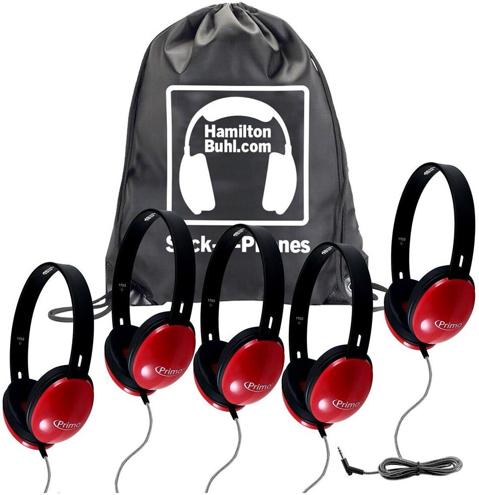 Hamilton Buhl HamiltonBuhl Sack-O-Phones - 5x Primo Stereo Headphones, One Carry Bag, Red