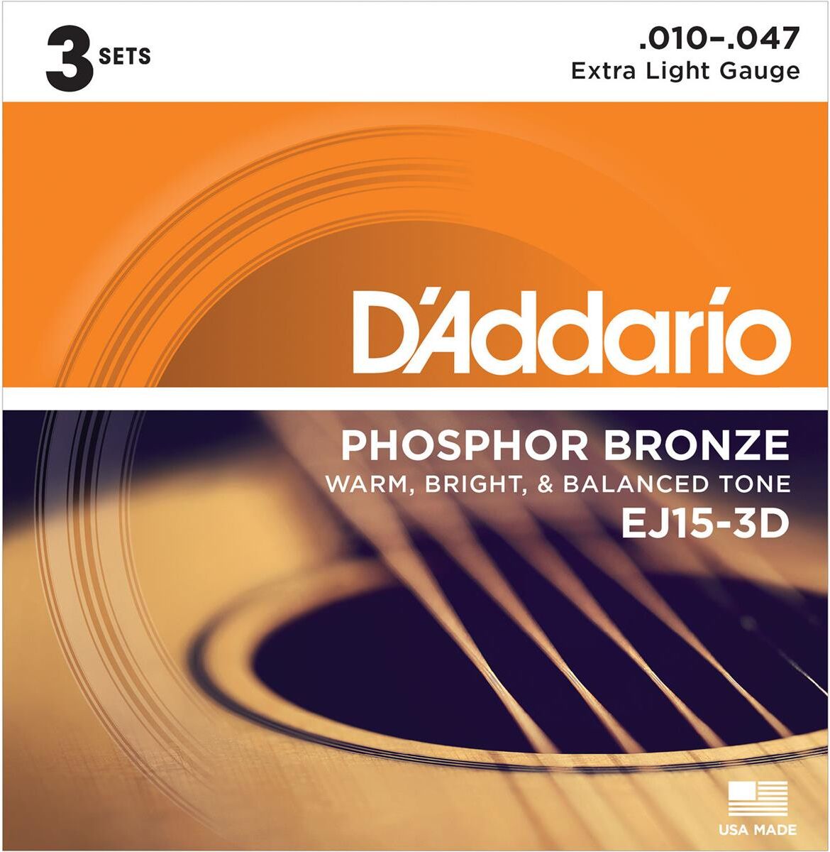 D'Addario EJ15 Phosphor Bronze Acoustic Guitar Strings Set, Extra Light, 3-Pack