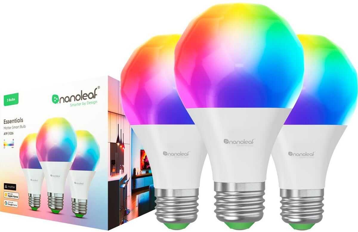 Nanoleaf Essentials Matter A19 E26 60W RGBCW Smart LED Bulb, 3-Pack