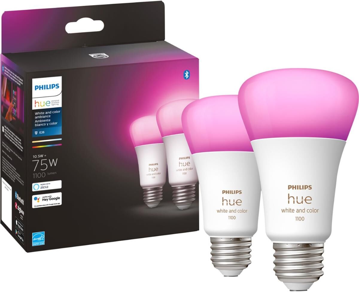 Philips Hue White and Color Ambiance A19 Bluetooth 75W Smart LED Bulb, 2-Pack